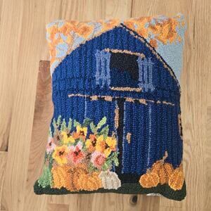Peking Handicraft Blue Barn Fall Harvest Hand-Hooked Wool Throw Pillow NWT